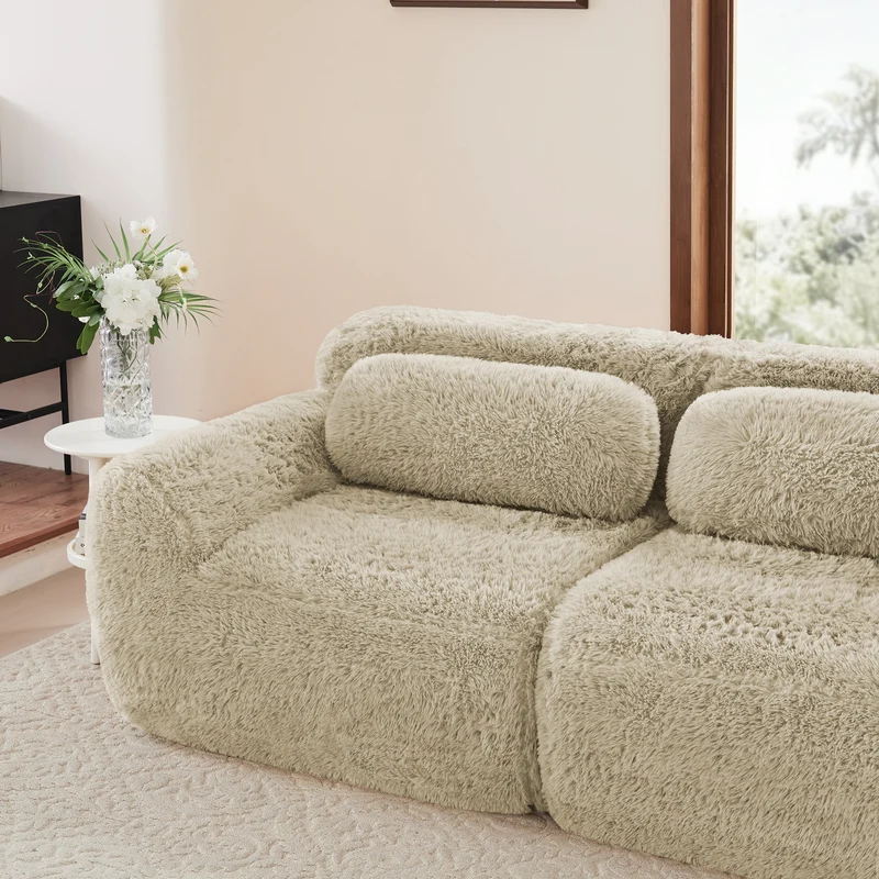 Canapé 3 places en tissu peluche premium beige avec coussins sans montage MOMENTUMCLARRR