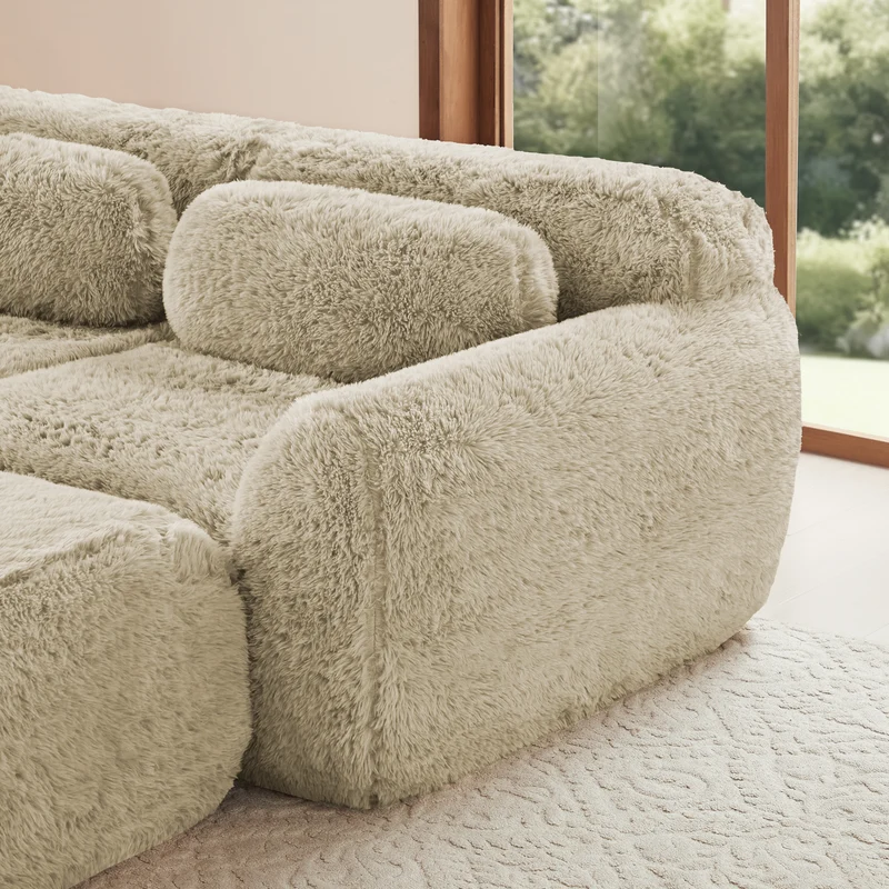 Canapé 3 places en tissu peluche premium beige avec coussins sans montage MOMENTUMCLARRR