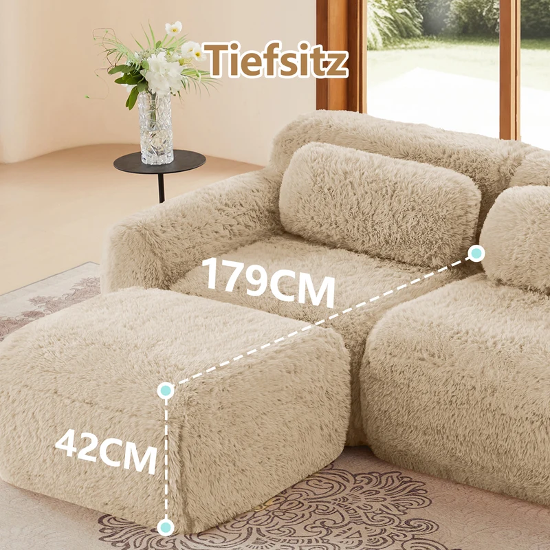 Canapé 3 places en tissu peluche premium beige avec coussins sans montage MOMENTUMCLARRR