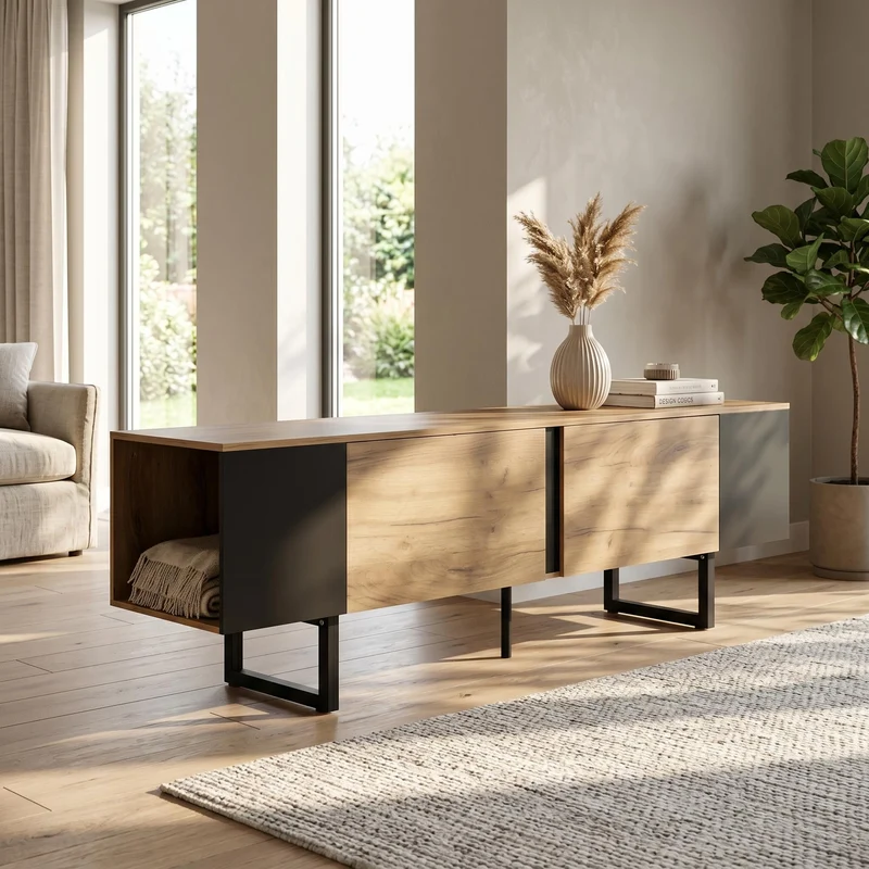 Meuble TV effet bois nature industriel 180x40x55 cm INFINITECASCDD
