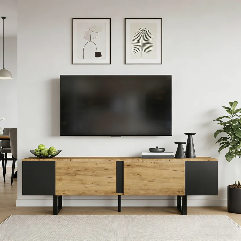 Meuble TV effet bois nature industriel 180x40x55 cm INFINITECASCDD