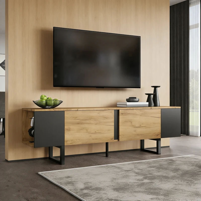 Meuble TV effet bois nature industriel 180x40x55 cm INFINITECASCDD