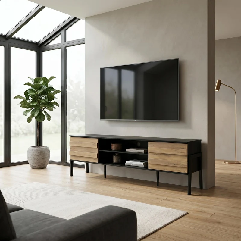 Meuble TV effet bois et noir 2 placards et étagères ouvertes INFINITEMOMENN