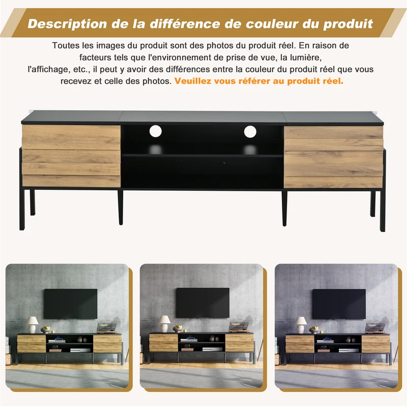 Meuble TV effet bois et noir 2 placards et étagères ouvertes INFINITEMOMENN