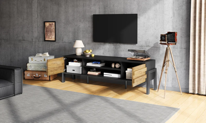 Meuble TV effet bois et noir 2 placards et étagères ouvertes INFINITEMOMENN