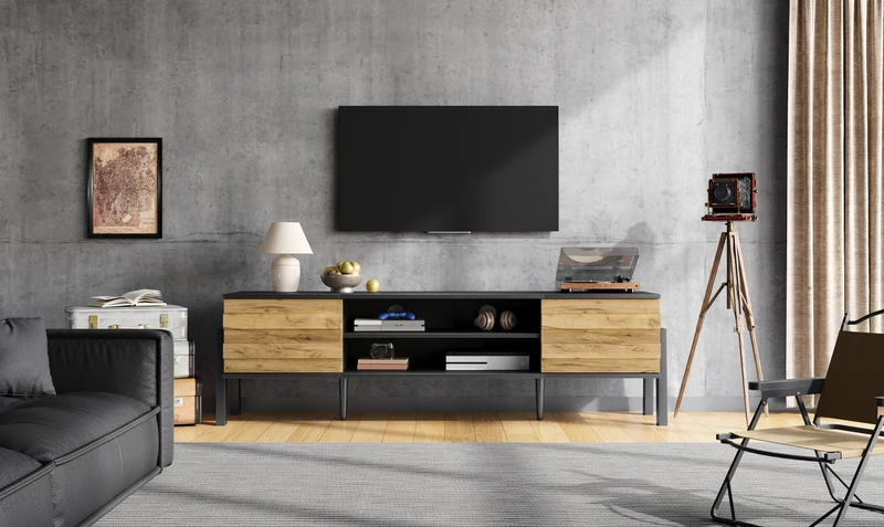 Meuble TV effet bois et noir 2 placards et étagères ouvertes INFINITEMOMENN