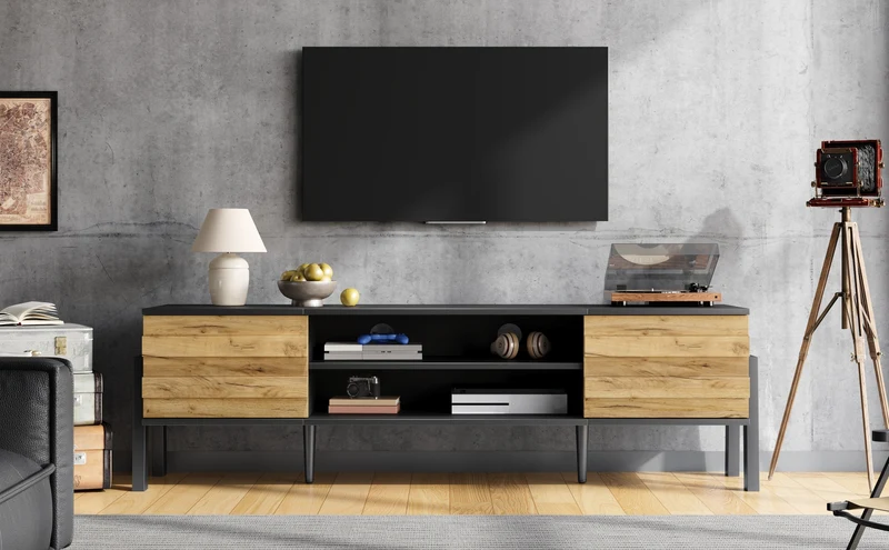 Meuble TV effet bois et noir 2 placards et étagères ouvertes INFINITEMOMENN
