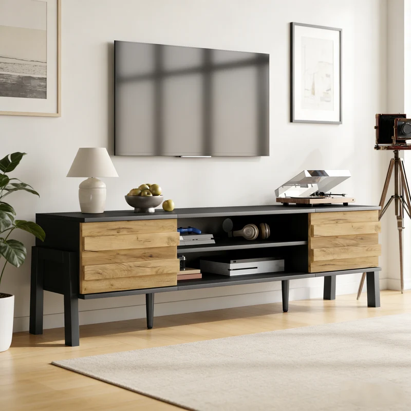 Meuble TV effet bois et noir 2 placards et étagères ouvertes INFINITEMOMENN