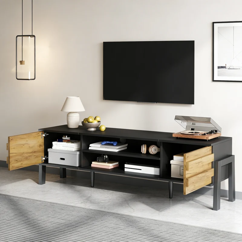 Meuble TV effet bois et noir 2 placards et étagères ouvertes INFINITEMOMENN