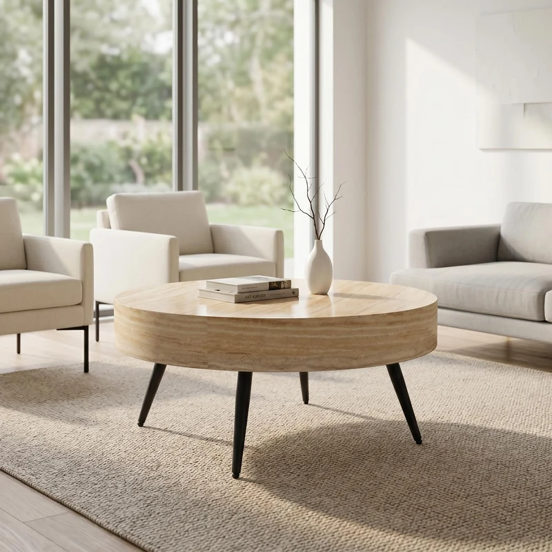 Table basse ronde effet travertin clair & pieds métal noir 70*70cm MERIDIANRIFTA