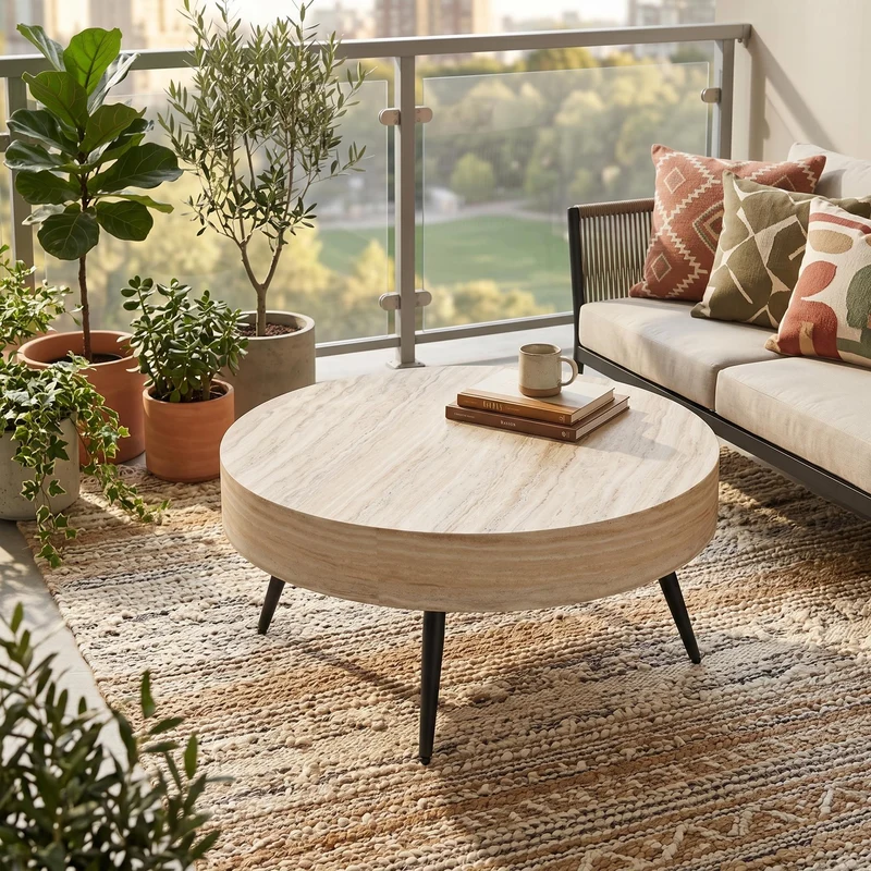 Table basse ronde effet travertin clair & pieds métal noir 70*70cm MERIDIANRIFTA