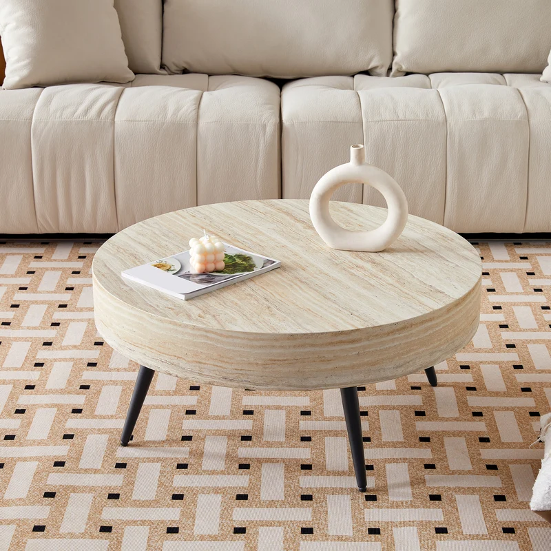 Table basse ronde effet travertin clair & pieds métal noir 70*70cm MERIDIANRIFTA