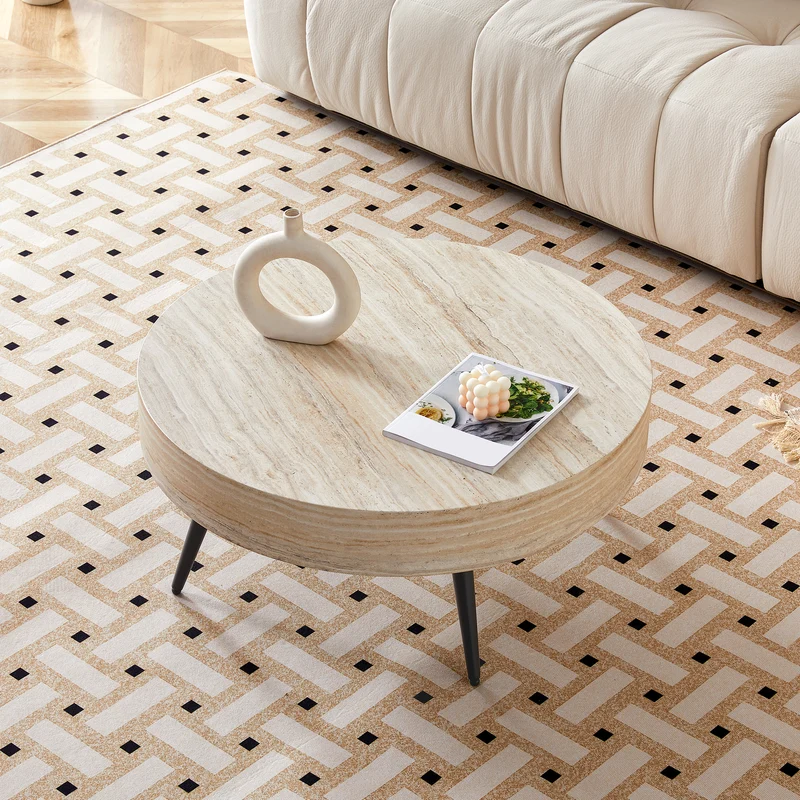 Table basse ronde effet travertin clair & pieds métal noir 70*70cm MERIDIANRIFTA
