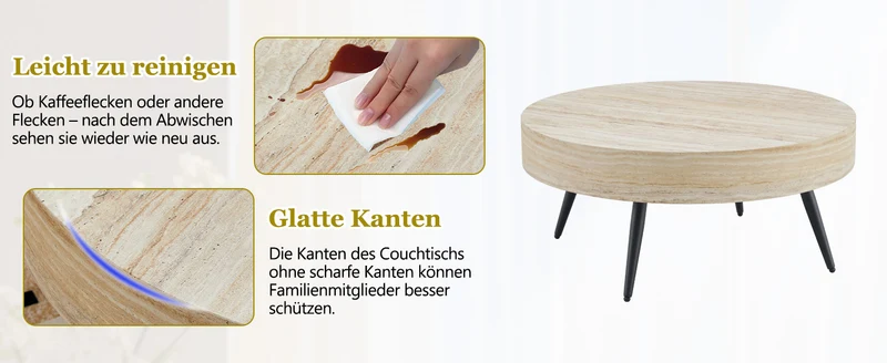 Table basse ronde effet travertin clair & pieds métal noir 70*70cm MERIDIANRIFTA