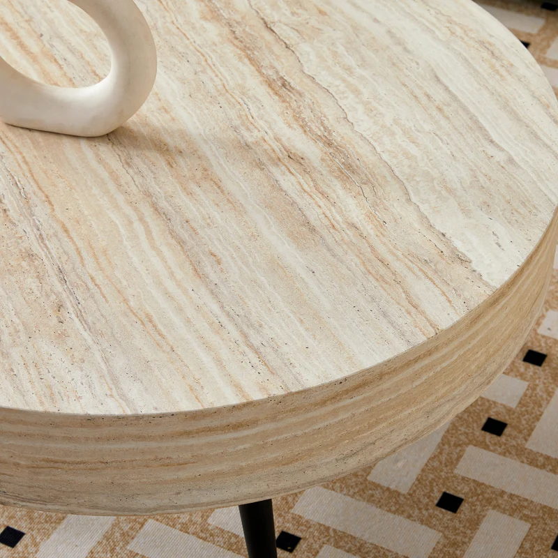 Table basse ronde effet travertin clair & pieds métal noir 70*70cm MERIDIANRIFTA