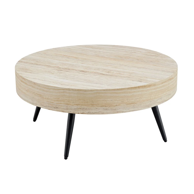 Table basse ronde effet travertin clair & pieds métal noir 70*70cm MERIDIANRIFTA