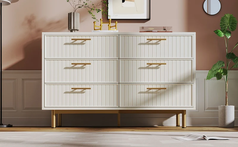 Buffet blanc design rayuré 6 tiroirs détails dorés 120x75x40 cm INFINITEQUASARX