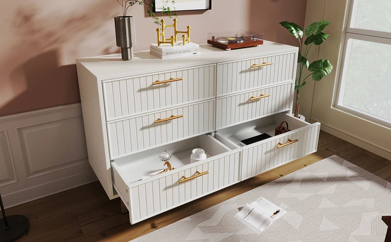 Buffet blanc design rayuré 6 tiroirs détails dorés 120x75x40 cm INFINITEQUASARX