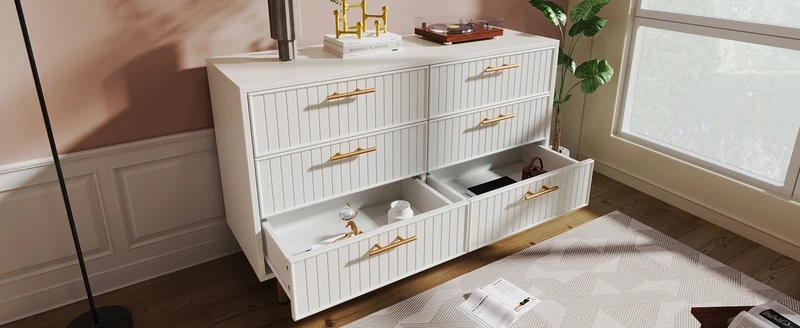 Buffet blanc design rayuré 6 tiroirs détails dorés 120x75x40 cm INFINITEQUASARX