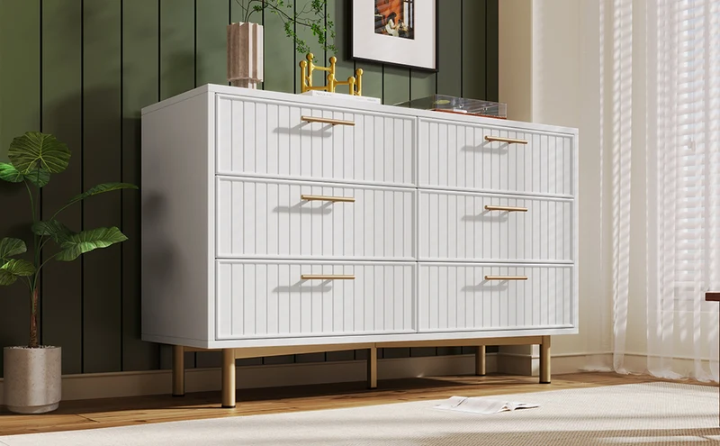 Buffet blanc design rayuré 6 tiroirs détails dorés 120x75x40 cm INFINITEQUASARX