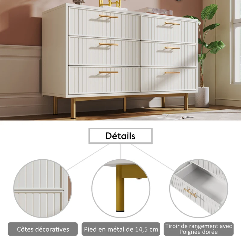 Buffet blanc design rayuré 6 tiroirs détails dorés 120x75x40 cm INFINITEQUASARX