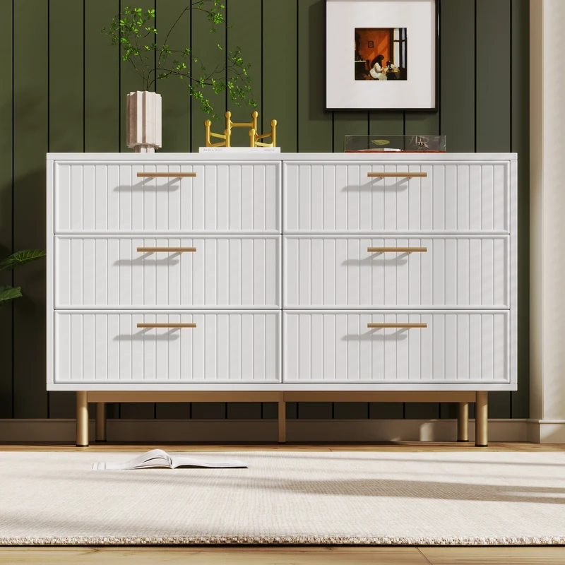 Buffet blanc design rayuré 6 tiroirs détails dorés 120x75x40 cm INFINITEQUASARX