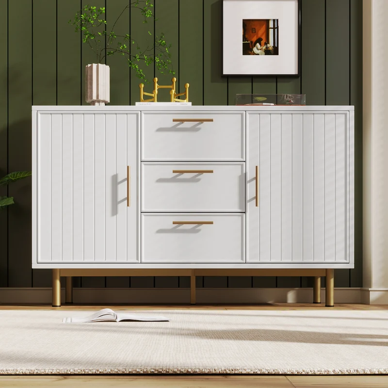 Buffet blanc design rayuré 6 tiroirs détails dorés 120x75x40 cm INFINITEQUASARX