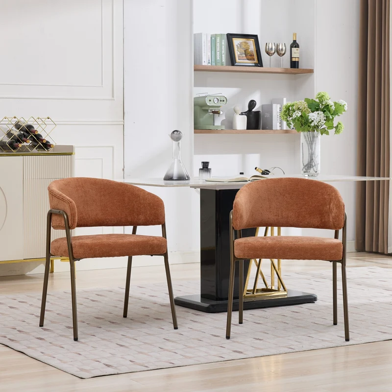 Chaise de salle à manger en chenille orange avec accoudoirs, pieds en laiton antique FLAREMERID