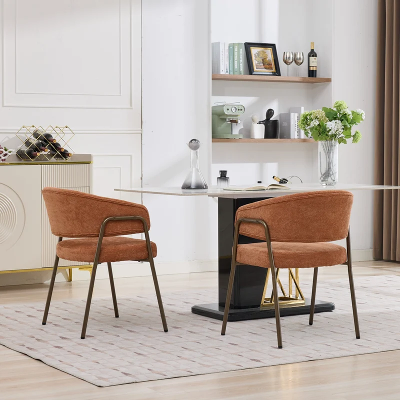 Chaise de salle à manger en chenille orange avec accoudoirs, pieds en laiton antique FLAREMERID