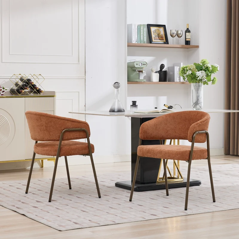 Chaise de salle à manger en chenille orange avec accoudoirs, pieds en laiton antique FLAREMERID