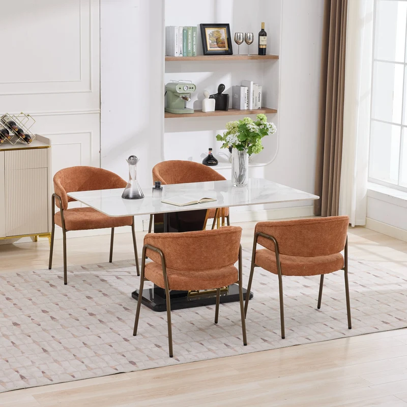Chaise de salle à manger en chenille orange avec accoudoirs, pieds en laiton antique FLAREMERID