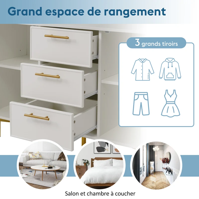 Buffet blanc 2 portes 3 tiroirs et détails dorés INFINITENEXUSA