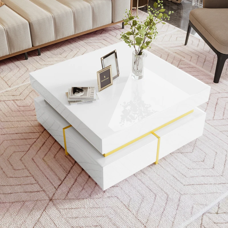 Table basse blanc brillant avec tiroirs et accents dorés 70x70cm INFINITEVEXX