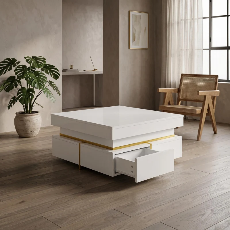 Table basse blanc brillant avec tiroirs et accents dorés 70x70cm INFINITEVEXX