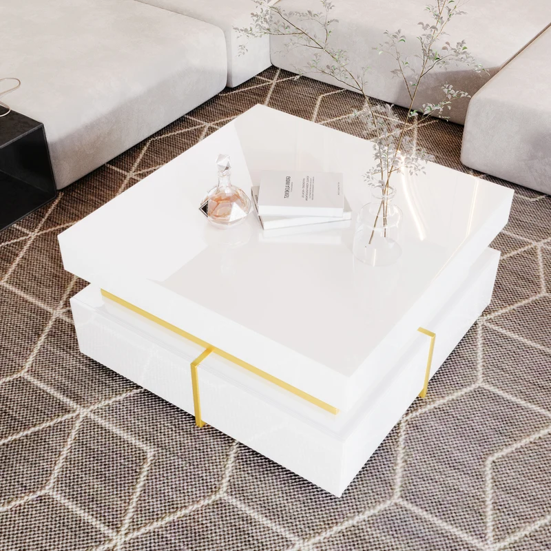 Table basse blanc brillant avec tiroirs et accents dorés 70x70cm INFINITEVEXX