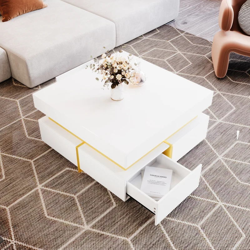 Table basse blanc brillant avec tiroirs et accents dorés 70x70cm INFINITEVEXX