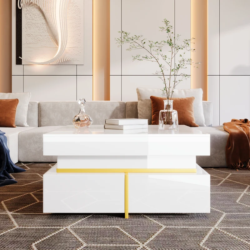Table basse blanc brillant avec tiroirs et accents dorés 70x70cm INFINITEVEXX