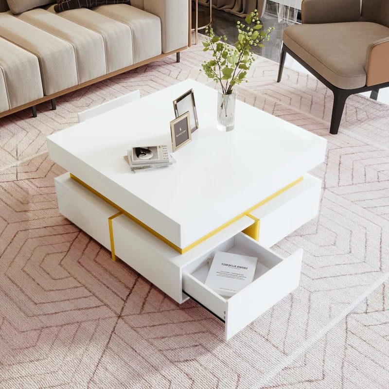 Table basse blanc brillant avec tiroirs et accents dorés 70x70cm INFINITEVEXX