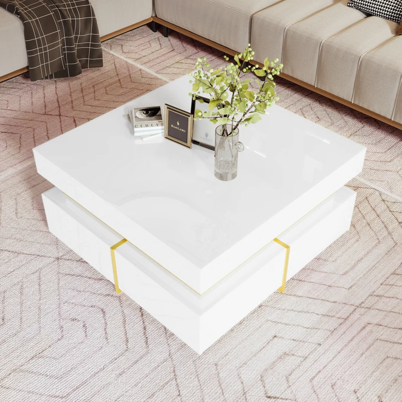 Table basse blanc brillant avec tiroirs et accents dorés 70x70cm INFINITEVEXX