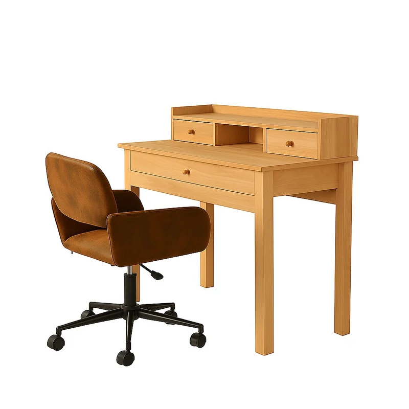 Ensemble de bureau en effect bois avec tiroirs de rangement et chaise roulant pivotant marron avec roulettes DEVAKI LIGHT WOOD+ROSS SUEDE BROWN