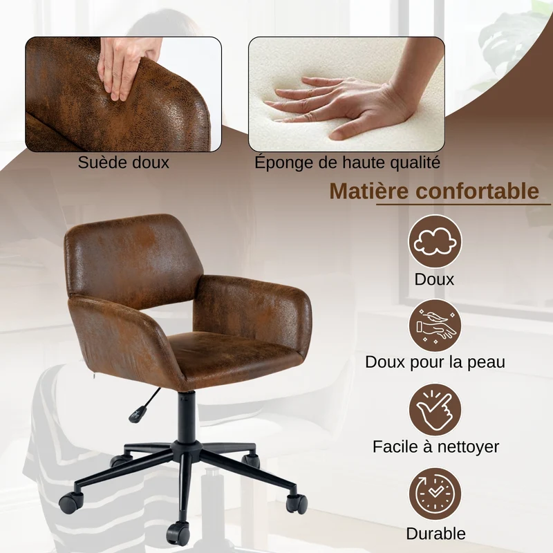 Ensemble de bureau en effect bois avec tiroirs de rangement et chaise roulant pivotant marron avec roulettes DEVAKI LIGHT WOOD+ROSS SUEDE BROWN