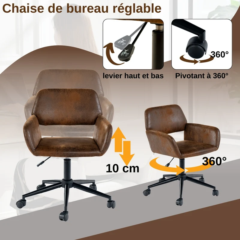 Ensemble de bureau en effect bois avec tiroirs de rangement et chaise roulant pivotant marron avec roulettes DEVAKI LIGHT WOOD+ROSS SUEDE BROWN