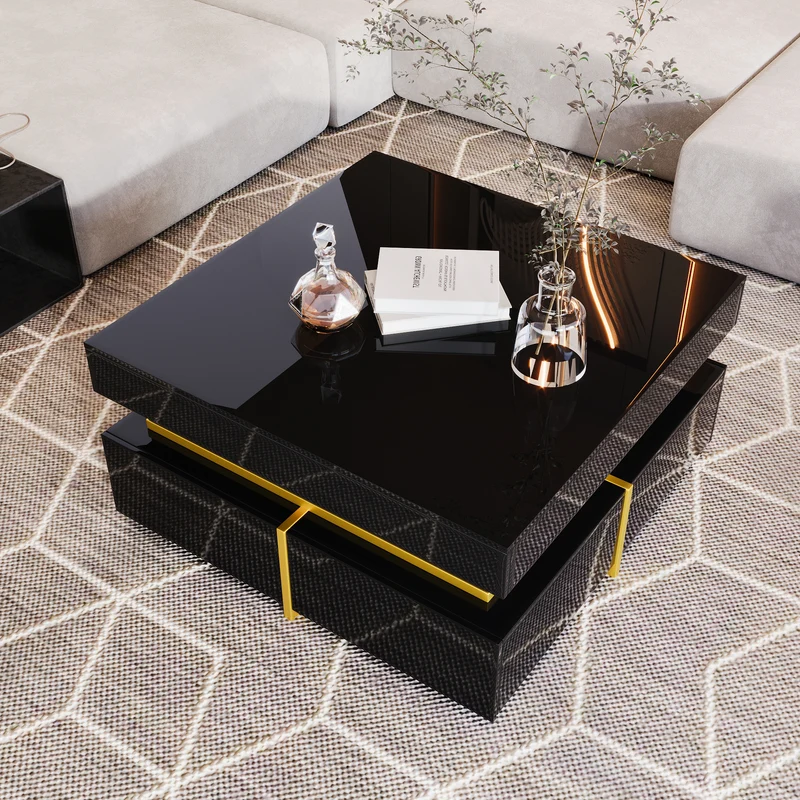 Table basse noir brillant avec 2 tiroirs et accents dorés INFINITERIFTZ