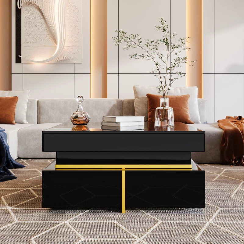 Table basse noir brillant avec 2 tiroirs et accents dorés INFINITERIFTZ