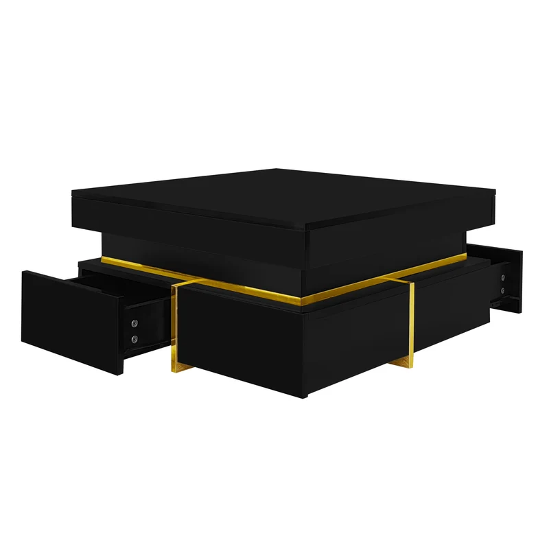 Table basse noir brillant avec 2 tiroirs et accents dorés INFINITERIFTZ