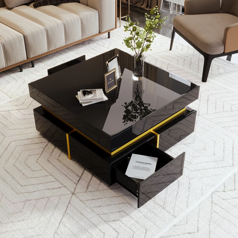 Table basse noir brillant avec 2 tiroirs et accents dorés INFINITERIFTZ
