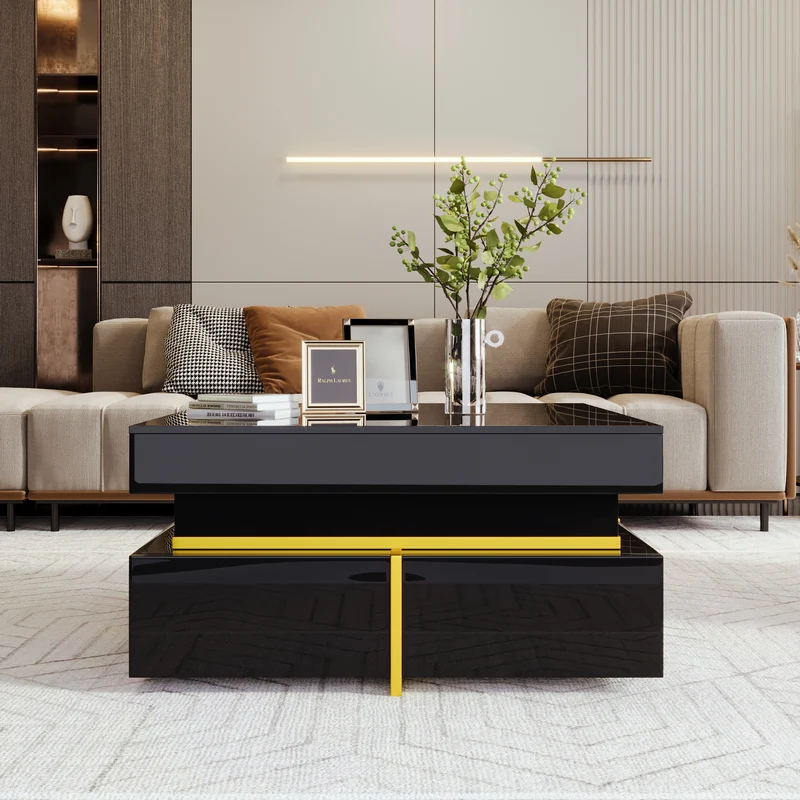 Table basse noir brillant avec 2 tiroirs et accents dorés INFINITERIFTZ