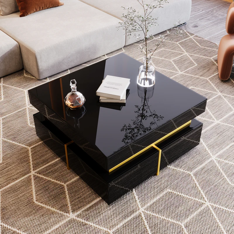Table basse noir brillant avec 2 tiroirs et accents dorés INFINITERIFTZ