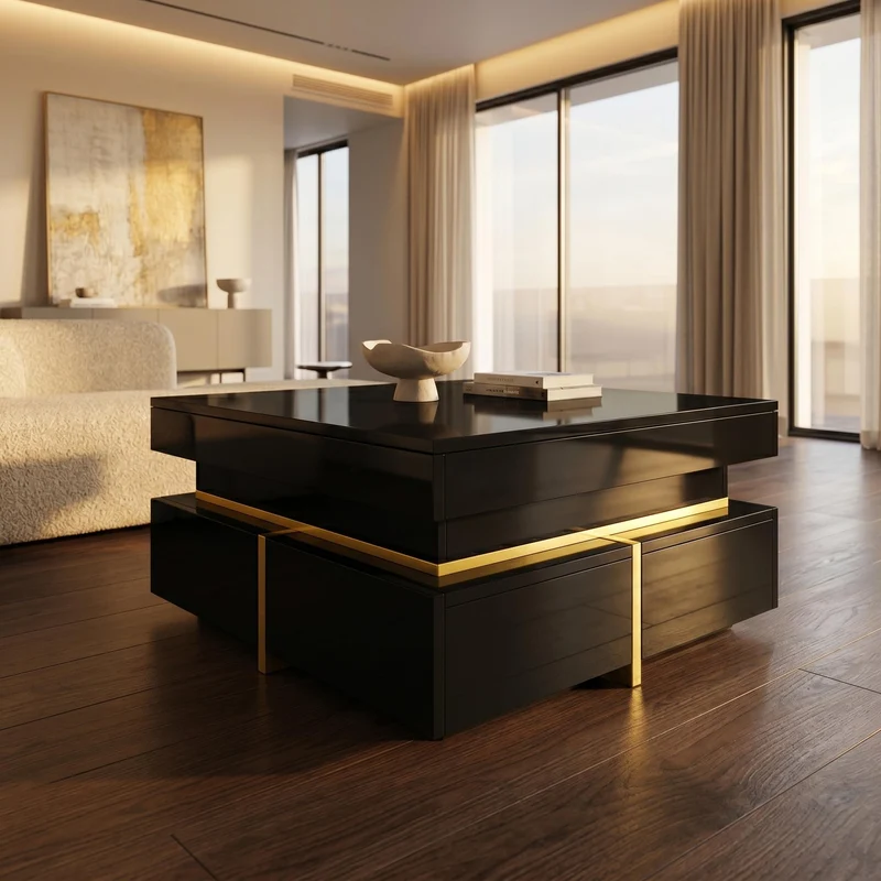 Table basse noir brillant avec 2 tiroirs et accents dorés INFINITERIFTZ
