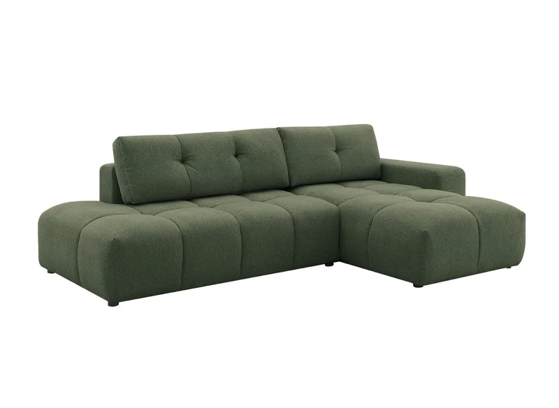 Canapé d'angle convertible avec coffre en tissu texturé vert olive ANGELINE - Angle droit